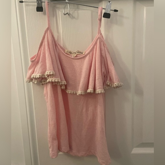 California GYPSY pink off the shoulder top with pompoms - Picture 2 of 5